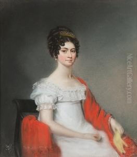 A Young Lady In A White Regency Dress With A Red Shawl; A Seated Lady In A White Regency Dress With A Blue, Red And White Shawl, Two Oil Painting by Ellen Wallace Sharples