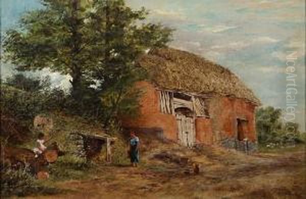 An English Farm Scene With Children Playing In The Foreground Oil Painting by George Shaw