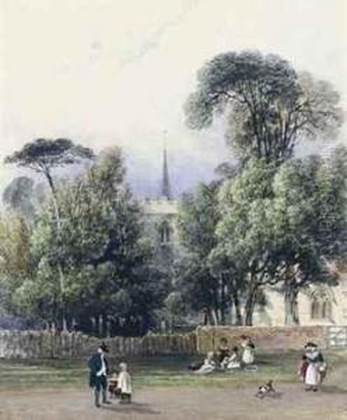 Figures And A Dog Before A Parish Church Oil Painting by George Shepherd