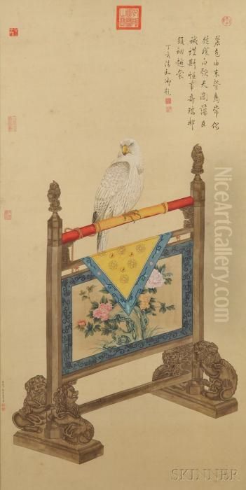 Depicting An Eagle Standing On A Screen Painted With Flowers Oil Painting by Lang Shih-Ning