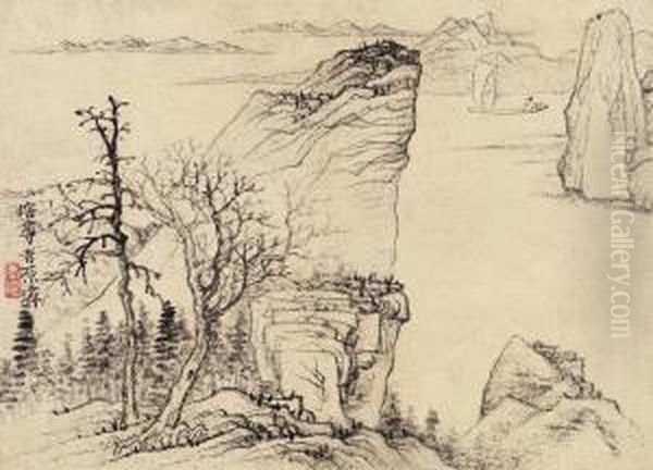 Landscape In Dry Brush Oil Painting by Shitao Daoji