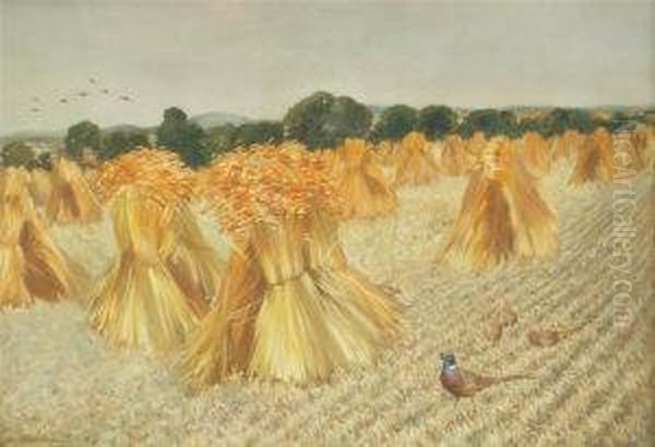 Cockand Hen Pheasants Among Stooks Of Corn Oil Painting by Arthur Charles Shorthouse