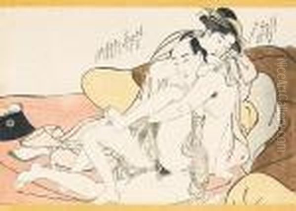 A Couple Making Love In An Interior Beside A Pillow Oil Painting by Katsukawa Shunei