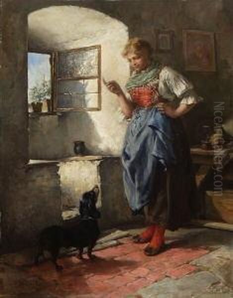 Dirndl Mit Dackel In Der Stube. Oil Painting by Viktor Sieger