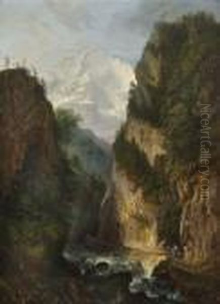 Gebirgsschlucht Im Berner Oberland. Oil Painting by Johann Jakob Siegmund