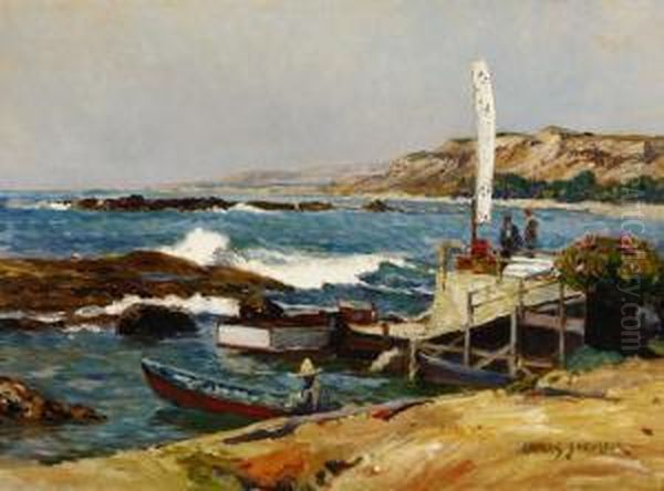 Figures And Boats In A Harbor Oil Painting by Christian Siemer