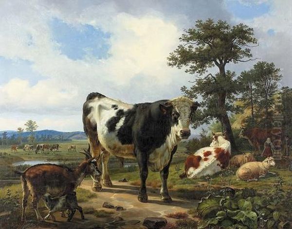 Stier Auf Sommerlicher Weide. Oil Painting by Friedrich Karl Joseph Simmler