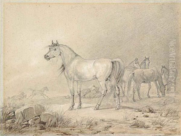 Wild Horses Gathering During A Storm Oil Painting by Friedrich Karl Joseph Simmler