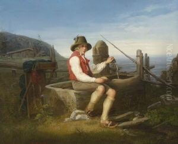 Wanderer Bei Der Rast Am Brunnen. Oil Painting by Friedrich Simon