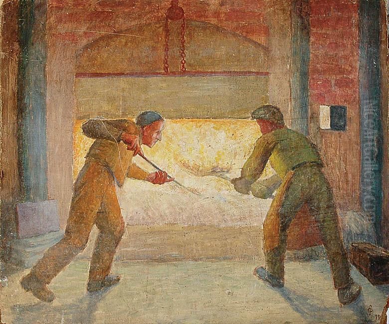 Piec W Hucie Szkla Oil Painting by Jadwiga Simon-Pietkiewicz