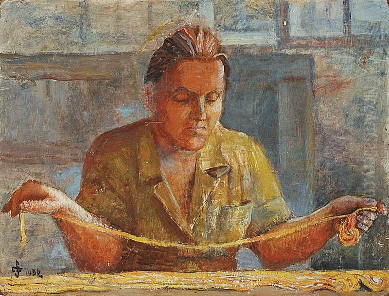 Kobieta Z Wloczka Oil Painting by Jadwiga Simon-Pietkiewicz