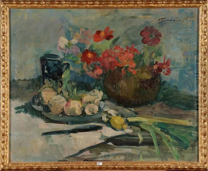Nature Morte Aux Legumes Et Aux Fleurs Oil Painting by Victor Simonin