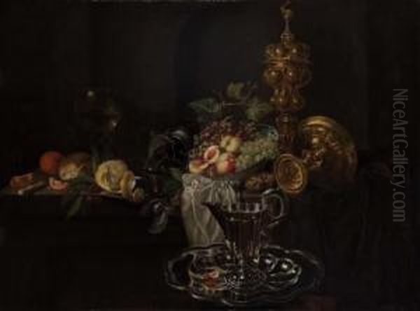 Uve E Pesche In Un Piatto Diceramica, Altri Frutti E Vasellame Su Un Tavolo Oil Painting by Michiel Simons