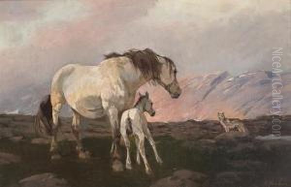 Mare With Foal And A Wolf In The Mountains Oil Painting by Elisabeth Sinding