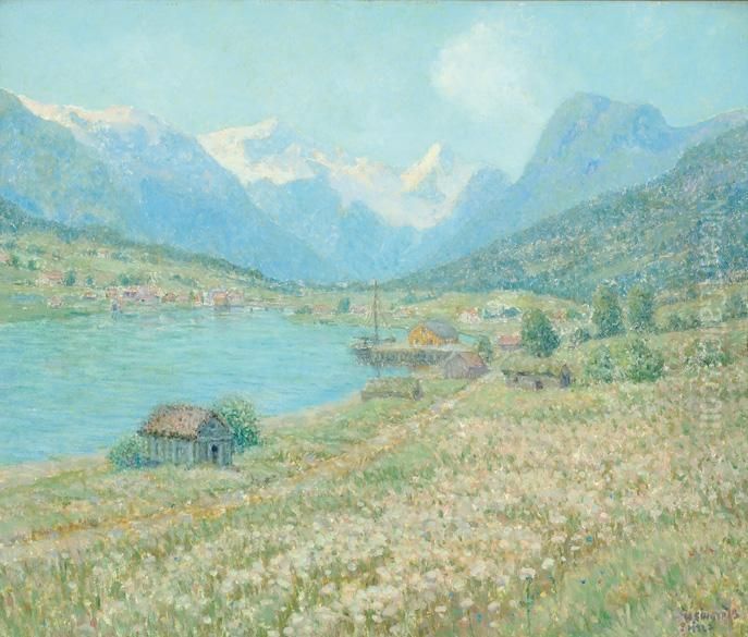 Mountains In A Norwegian River Landscape Near Olden Oil Painting by William Henry, Singer Jnr.