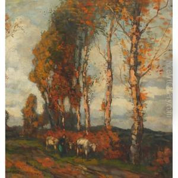 Leading Cows Through Field Oil Painting by Frans Slager