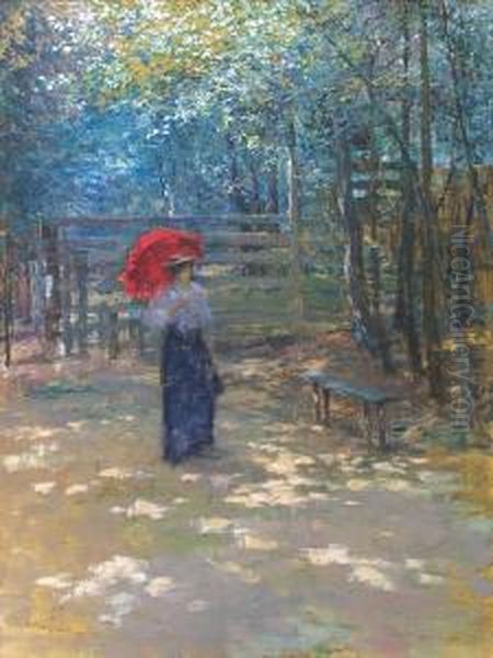 Dama S Cervenymslunecnikem Oil Painting by Antonin Slavicek