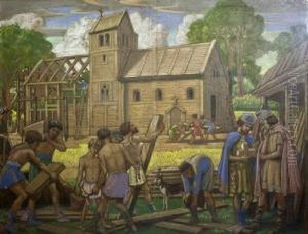 Building A Saxon Church Oil Painting by Bernard Sleigh