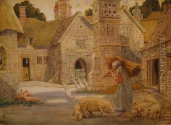 Pigs And Fowl In A Courtyard With A Girl Carrying Hay Oil Painting by Bernard Sleigh