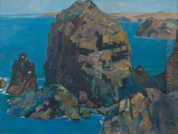 A Rocky Cornish Coastal Scene Oil Painting by Robert Borlase Smart