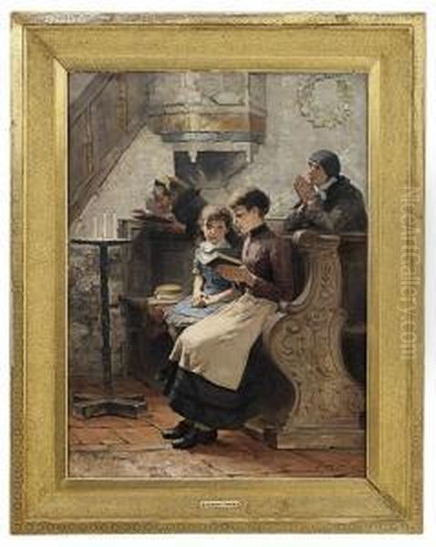Church Interior Withwomen And Child 1887 Oil Painting by Carlo Frithjol Smith